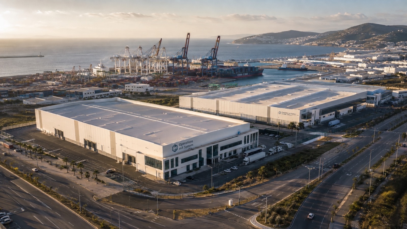 Moderne Produktionshallen in der Tanger Free Zone, direkt am Hafen Tanger Med