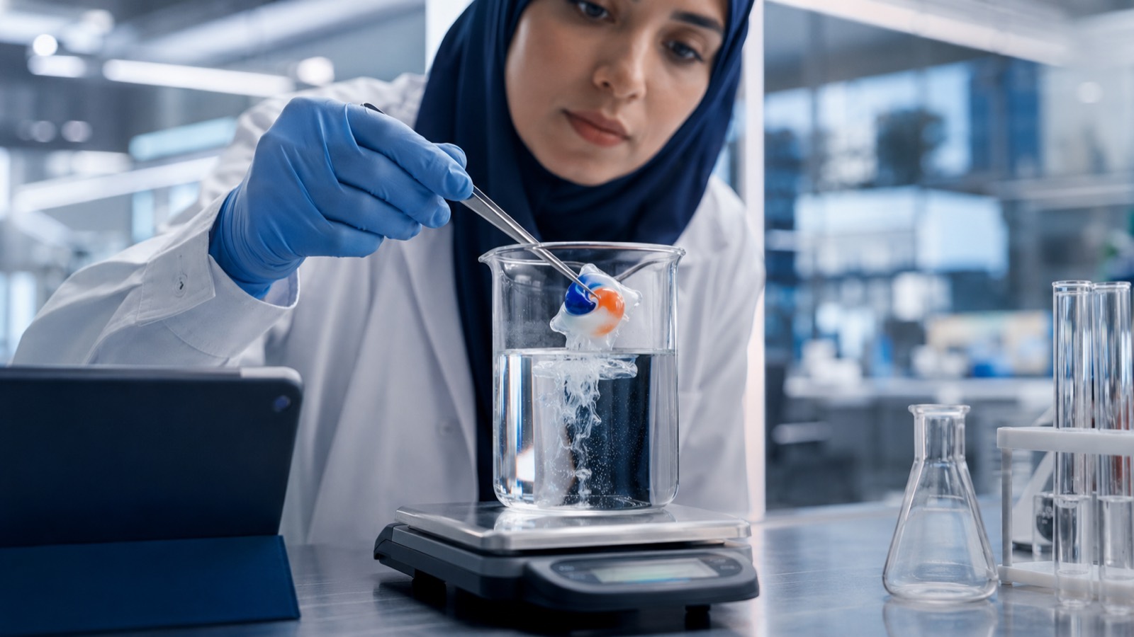 Qualitätsprüfung: Auflösetest eines wasserlöslichen Pods im Labor