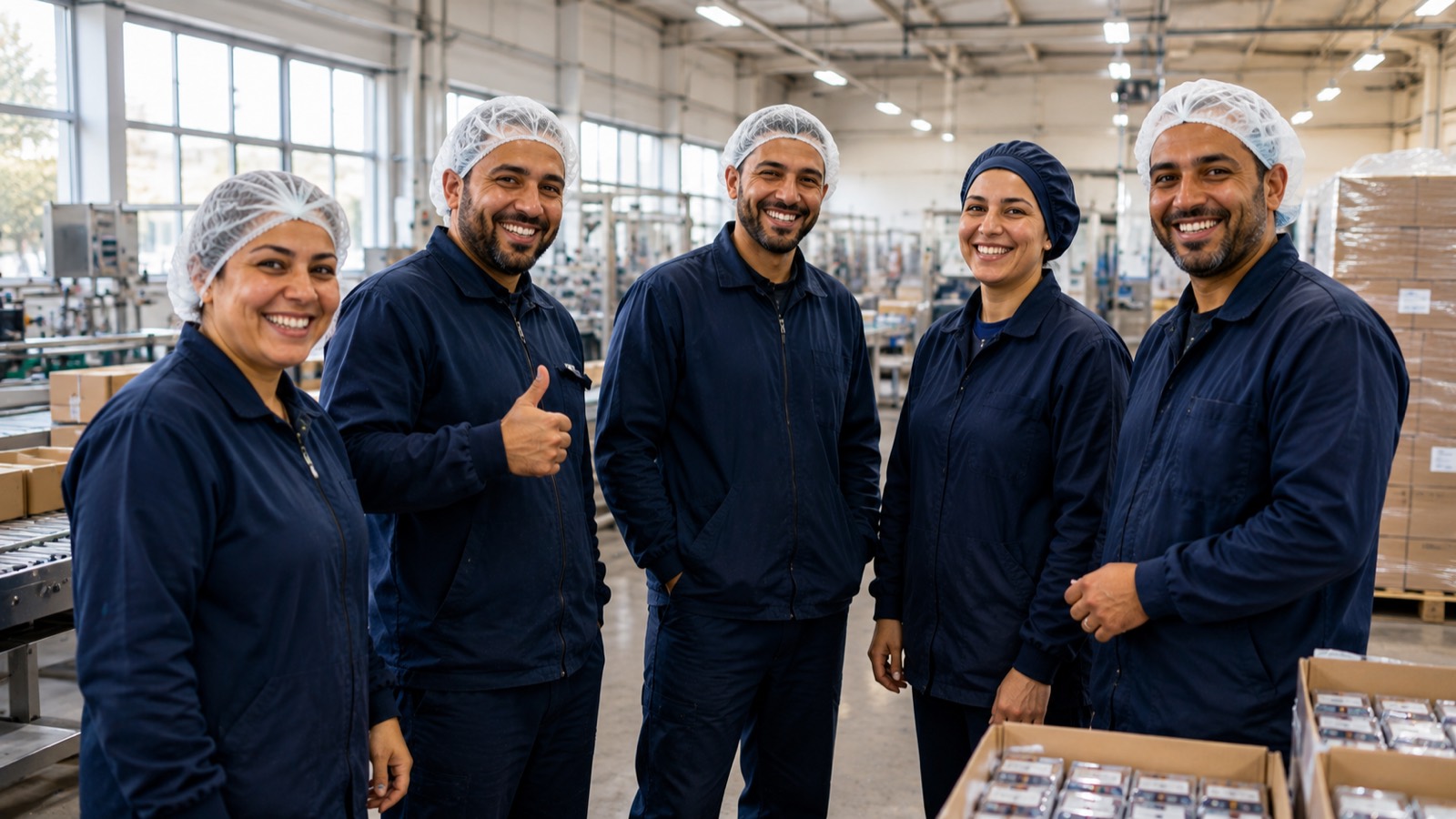 Fünf lächelnde Teammitglieder in Arbeitskleidung in der hellen Produktionshalle
